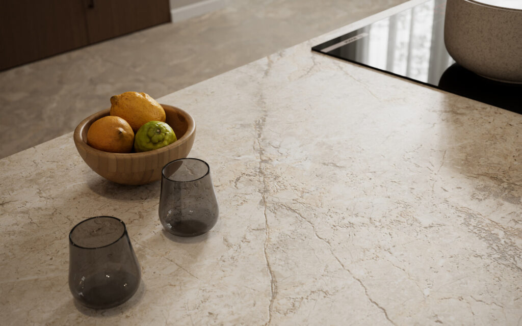 Encimera de cocina Abitum de Arredo3 con acabado efecto mármol y relieve 3D